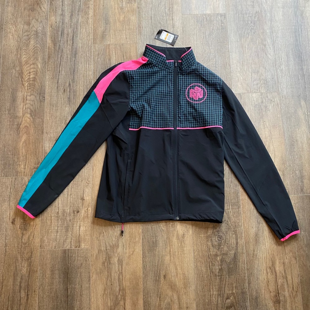 Under Armour Run Anywhere Storm Jacket Mens Small Black Pink Teal Grid 1370332